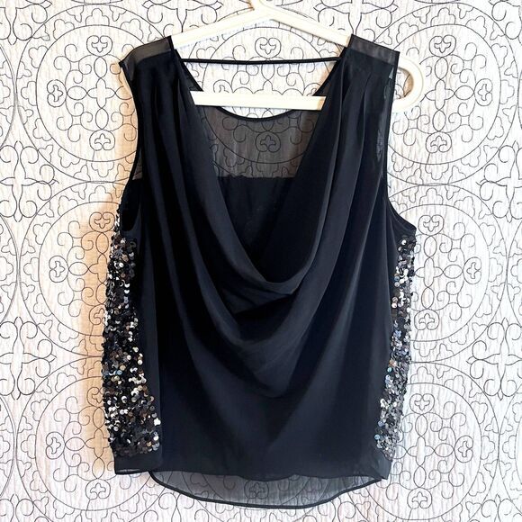 BCBGMAXAZRIA JANINE Top Women's Size L‎ Sequins Silk Drape Evening Blouse - Picture 8 of 10